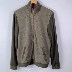 TED BAKER size 3 gray charcoal mens full zip herringbone cardigan mock neck